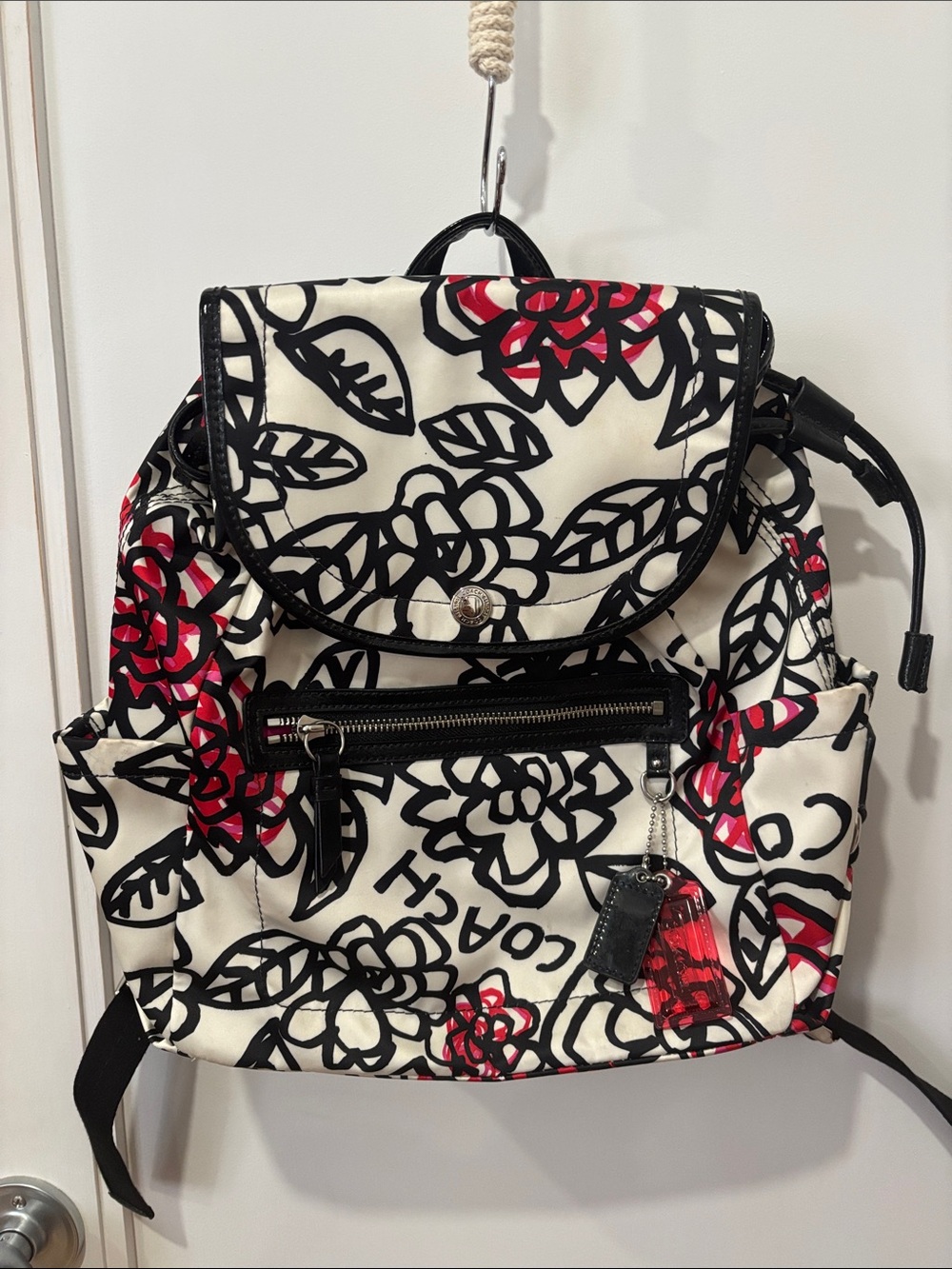 Coach Black, Cream & Red Floral Canvas Backpack